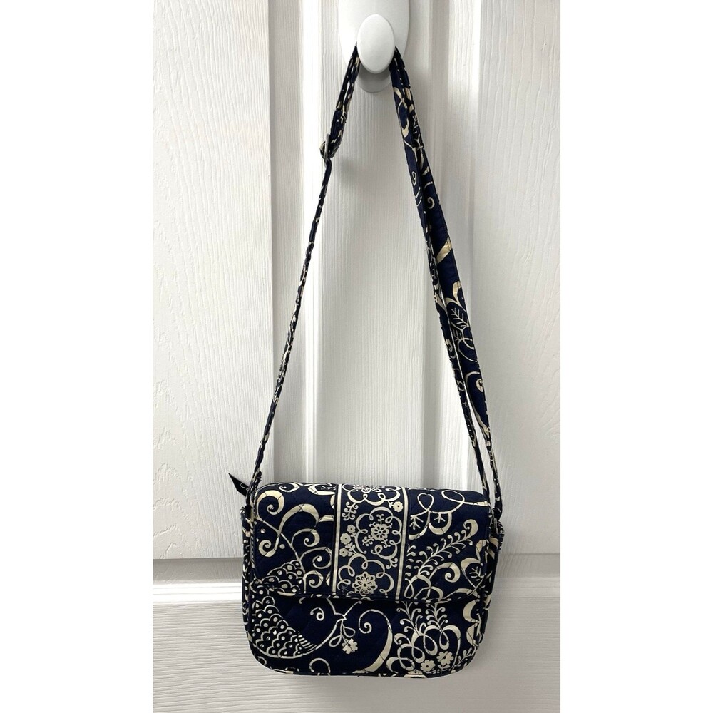 Vera Bradley Crossbody Purse Twirly Birds Navy Ivory  Snap Close Strap